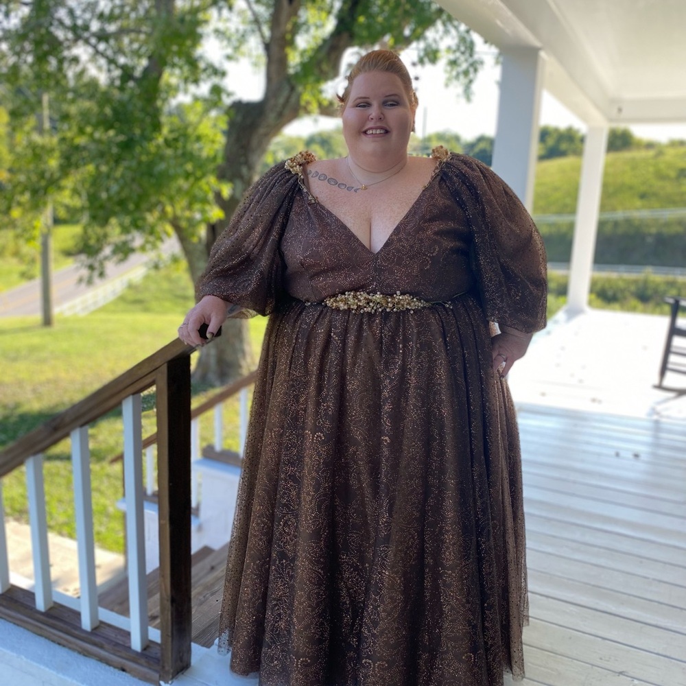 Teuta Matoshi Plus Size Embellished Brown Gown with Gold Accents - Picture 4 of 4